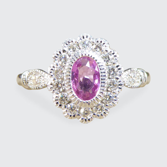 INSTAGRAM GIVEAWAY Pink Sapphire and Diamond Cluster Ring Mounted in Platinum - Wharfedale Antiques