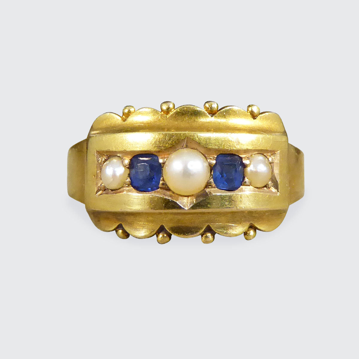 Antique Late Victorian Sapphire and Pearl Five Stone Ring in 15ct Yellow Gold - Wharfedale Antiques