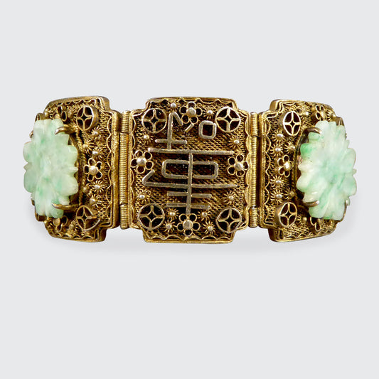 Vintage Jade Carved Flowered Wide Panel Bracelet with Chinese Proverbs in Gold Plated Chinese Silver - Wharfedale Antiques