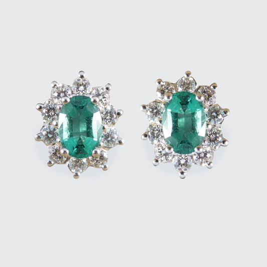 Contemporary Emerald and Diamond Cluster Earrings in 18ct White Gold