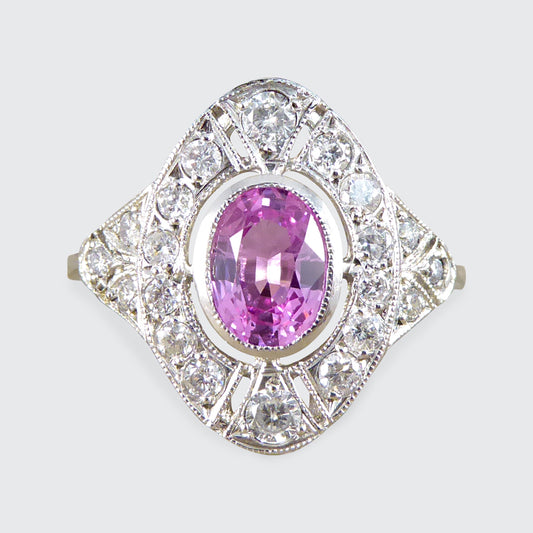 Art Deco Style Pink Sapphire and Diamond Navette Shaped Plaque Ring in Platinum