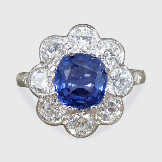 Contemporary Edwardian Style 1.50ct Sapphire and 1.10ct Diamond Cluster Ring in Platinum - Wharfedale Antiques