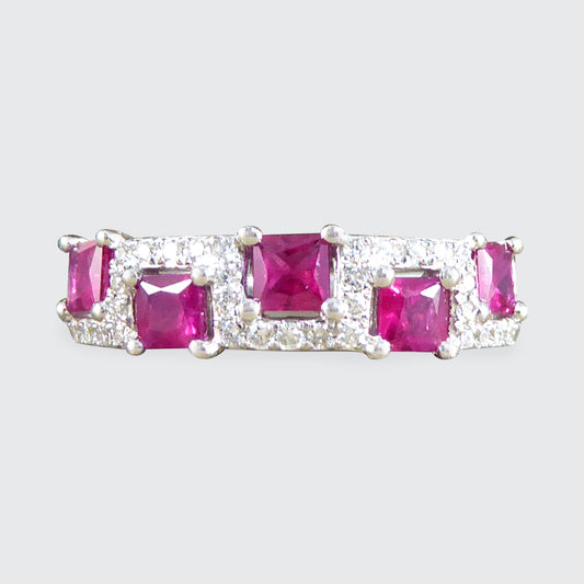 Alternate Ruby and Diamond Band Ring in 18ct White Gold - Wharfedale Antiques