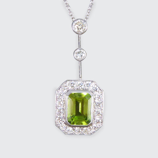 Art Deco Inspired Peridot and Diamond Cluster Drop Necklace set in 18ct White Gold