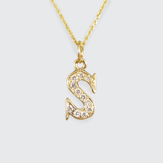 Diamond Set S Initial Pendant in 18ct Yellow Gold on a Yellow Gold Necklace Chain