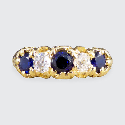 Antique Late Victorian Sapphire and Diamond Five Stone Ring in 18ct Yellow Gold - Wharfedale Antiques