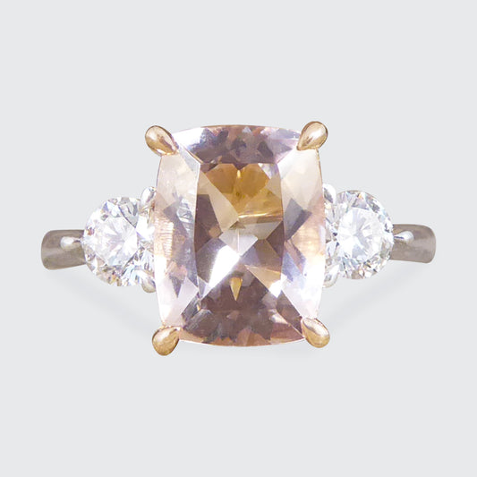 1.75ct Cushion Cut Pink Morganite and Diamond Three Stone Ring in 18ct Rose and White Gold - Wharfedale Antiques