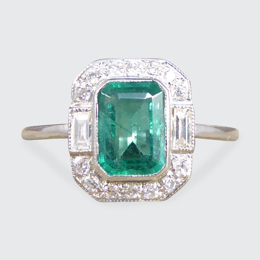 Art Deco Inspired 0.90ct Emerald and Diamond Cluster Ring in Platinum