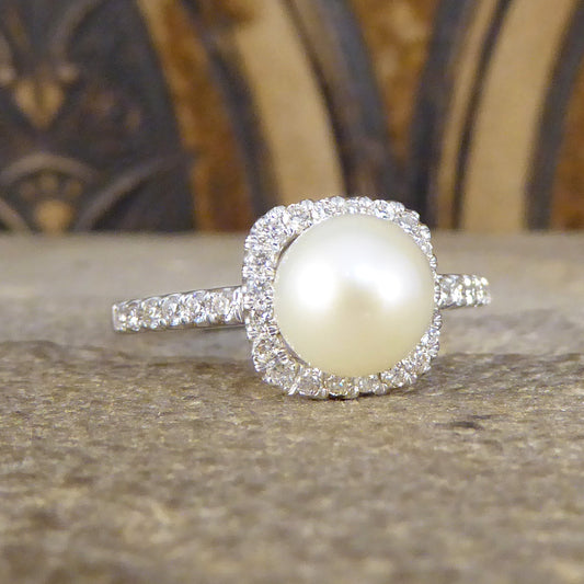 Fresh Water Culture Pearl and Diamond Square Halo Ring in White Gold - Wharfedale Antiques