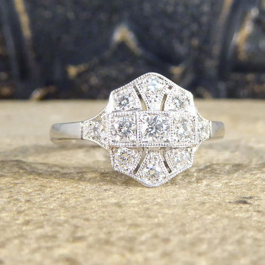 Quality Art Deco Replica Diamond Plaque Ring in 18ct White Gold - Wharfedale Antiques