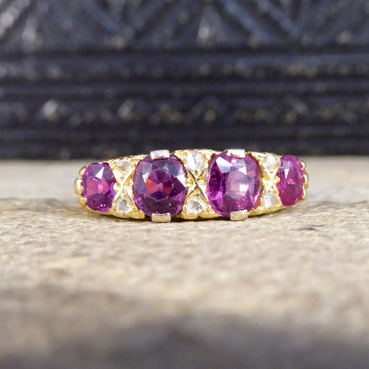Antique Edwardian 1.18ct Ruby Four Stone Ring with Diamond Spacers Modelled in 18ct Yellow Gold - Wharfedale Antiques