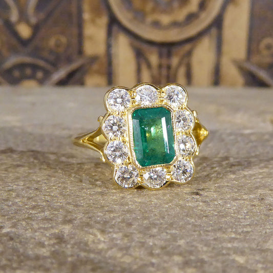 Contemporary Edwardian Style 0.90ct Emerald and 0.90ct Diamond Cluster Ring in 18ct Yellow Gold - Wharfedale Antiques