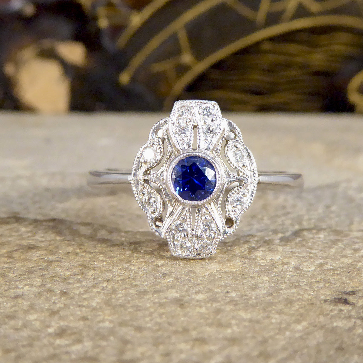 Premium Period Art Deco Replica Sapphire and Diamond Plaque Ring in 18ct White Gold - Wharfedale Antiques