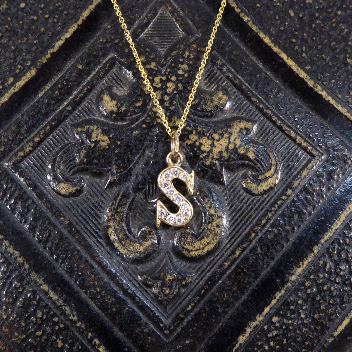 Diamond Set S Initial Pendant in 18ct Yellow Gold on a Yellow Gold Necklace Chain - Wharfedale Antiques