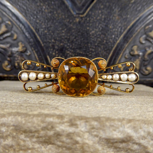 Antique C1900 Collar Set Citrene Brooch with Pearl and Dot Decorative Wings in 15ct Yellow Gold - Wharfedale Antiques
