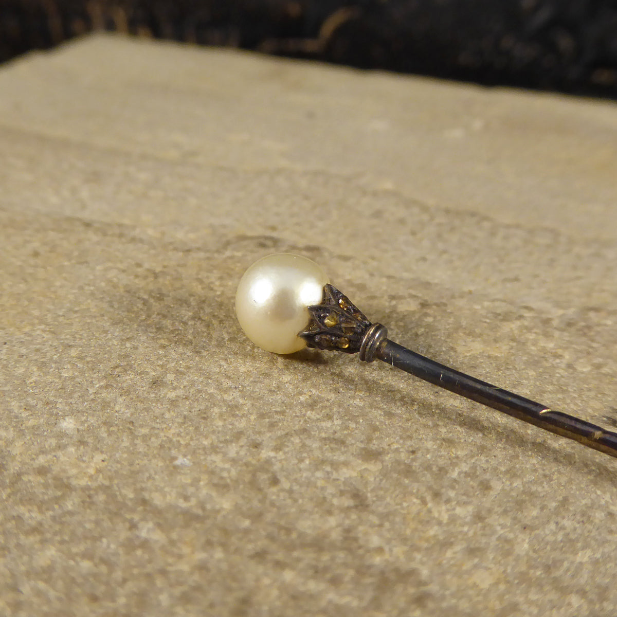 Late Victorian Natural Pearl and Rose cut Diamond Pin in Original Antique Box