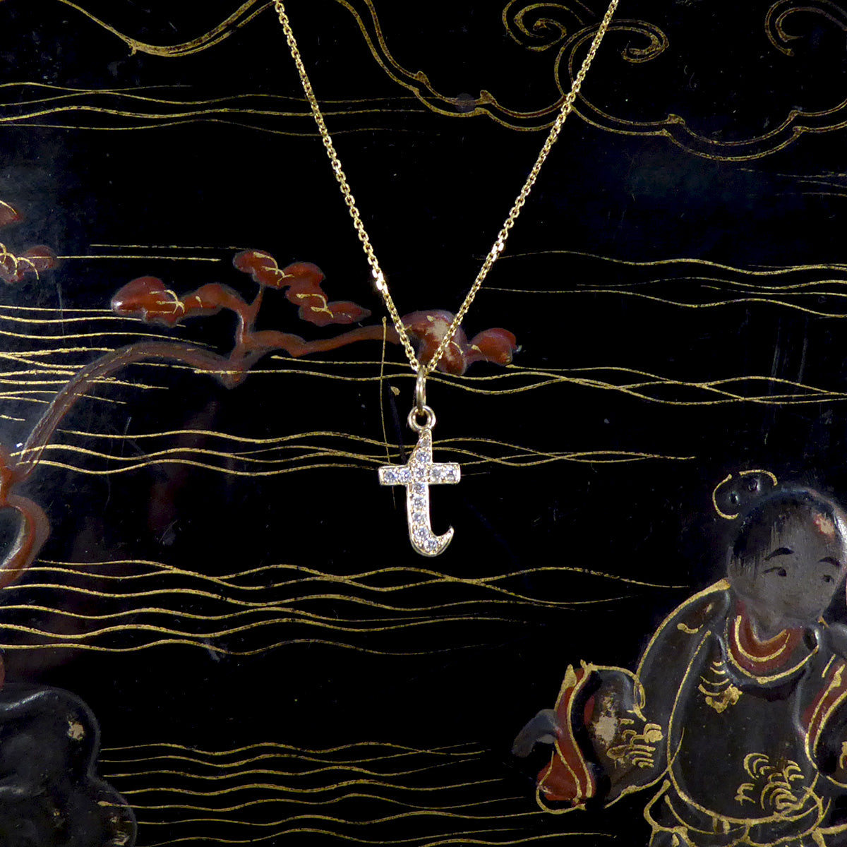 Diamond Set T Initial Pendant in 18ct Yellow Gold on a Yellow Gold Necklace Chain - Wharfedale Antiques