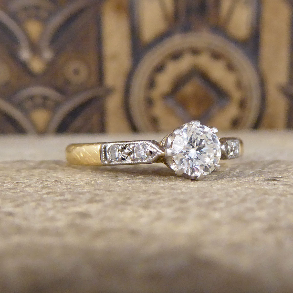 1920's Diamond Solitaire Ring with Diamond set Shoulders in 18ct Yellow Gold and Platinum - Wharfedale Antiques