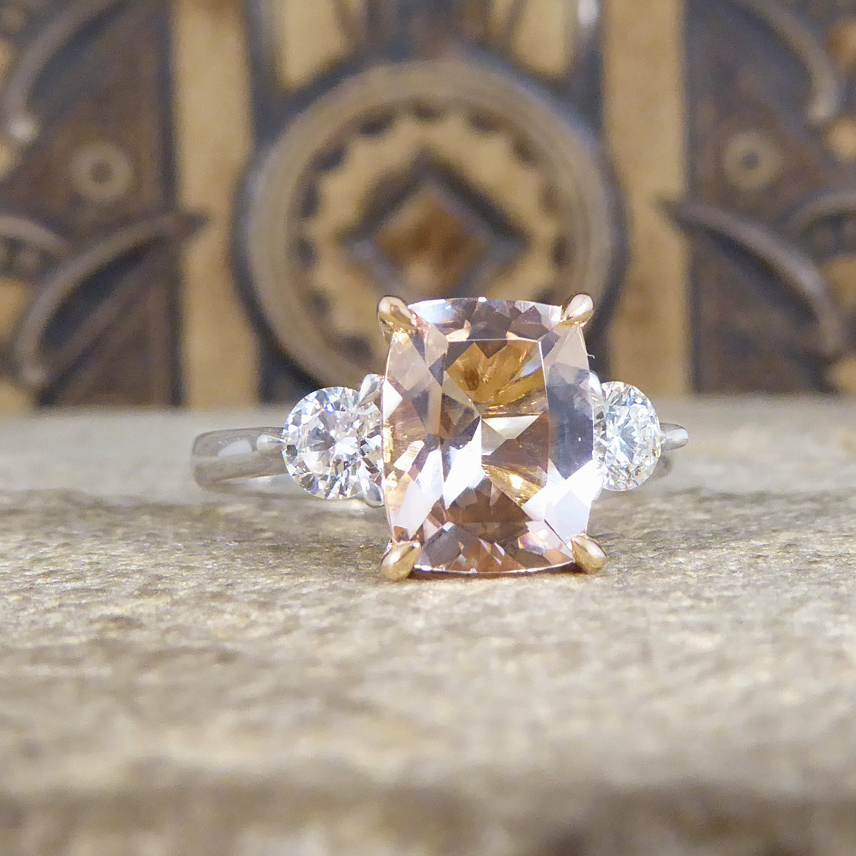 1.75ct Cushion Cut Pink Morganite and Diamond Three Stone Ring in 18ct Rose and White Gold - Wharfedale Antiques
