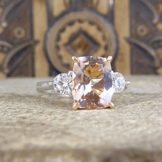 1.75ct Cushion Cut Pink Morganite and Diamond Three Stone Ring in 18ct Rose and White Gold - Wharfedale Antiques