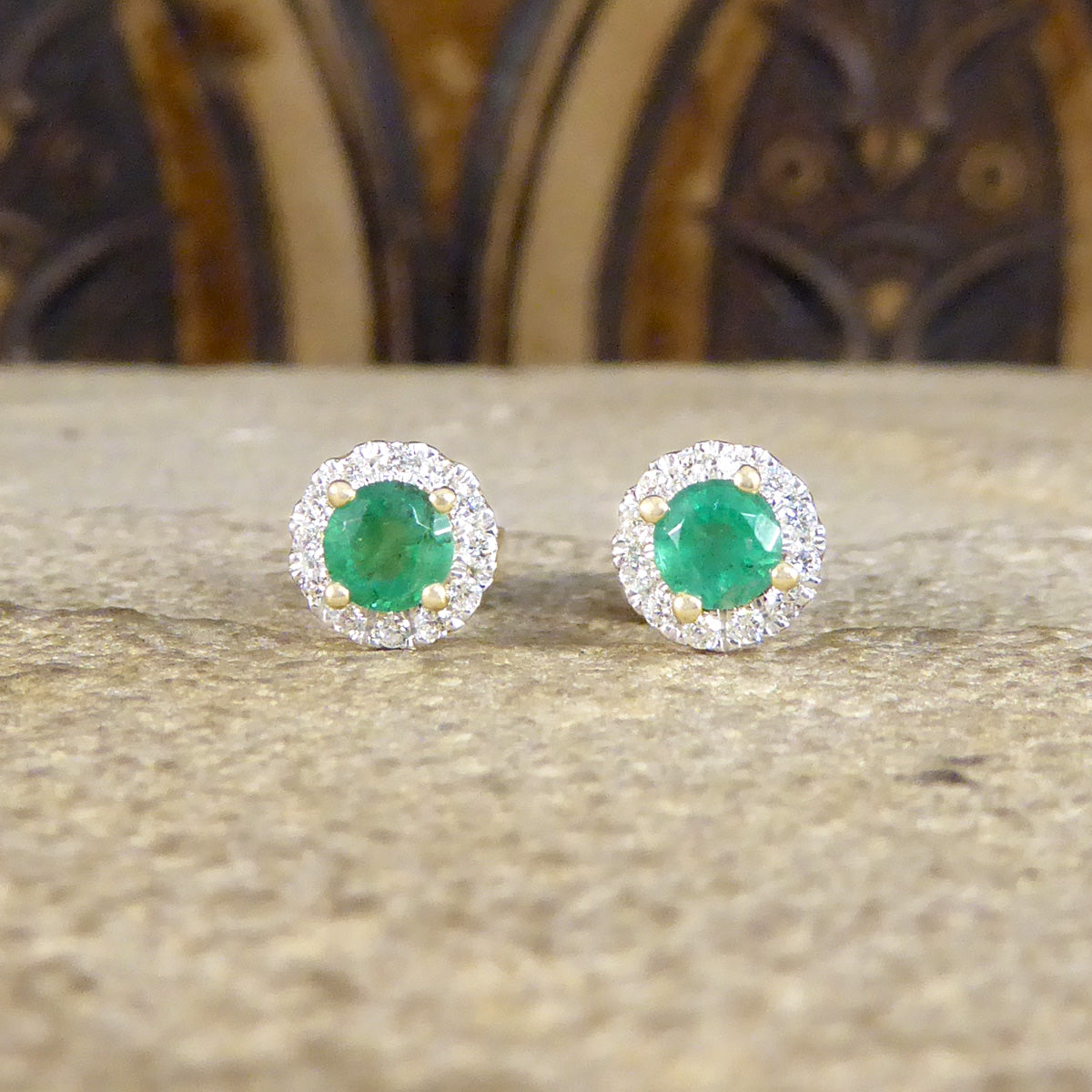 Emerald and Diamond Target Cluster Stud Earrings in 9ct White and Yellow Gold