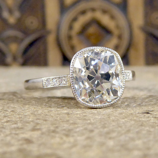 2.35ct Old Cushion Cut Diamond Collar Set Solitaire Engagement Ring with Diamond Shoulders in Platinum - Wharfedale Antiques