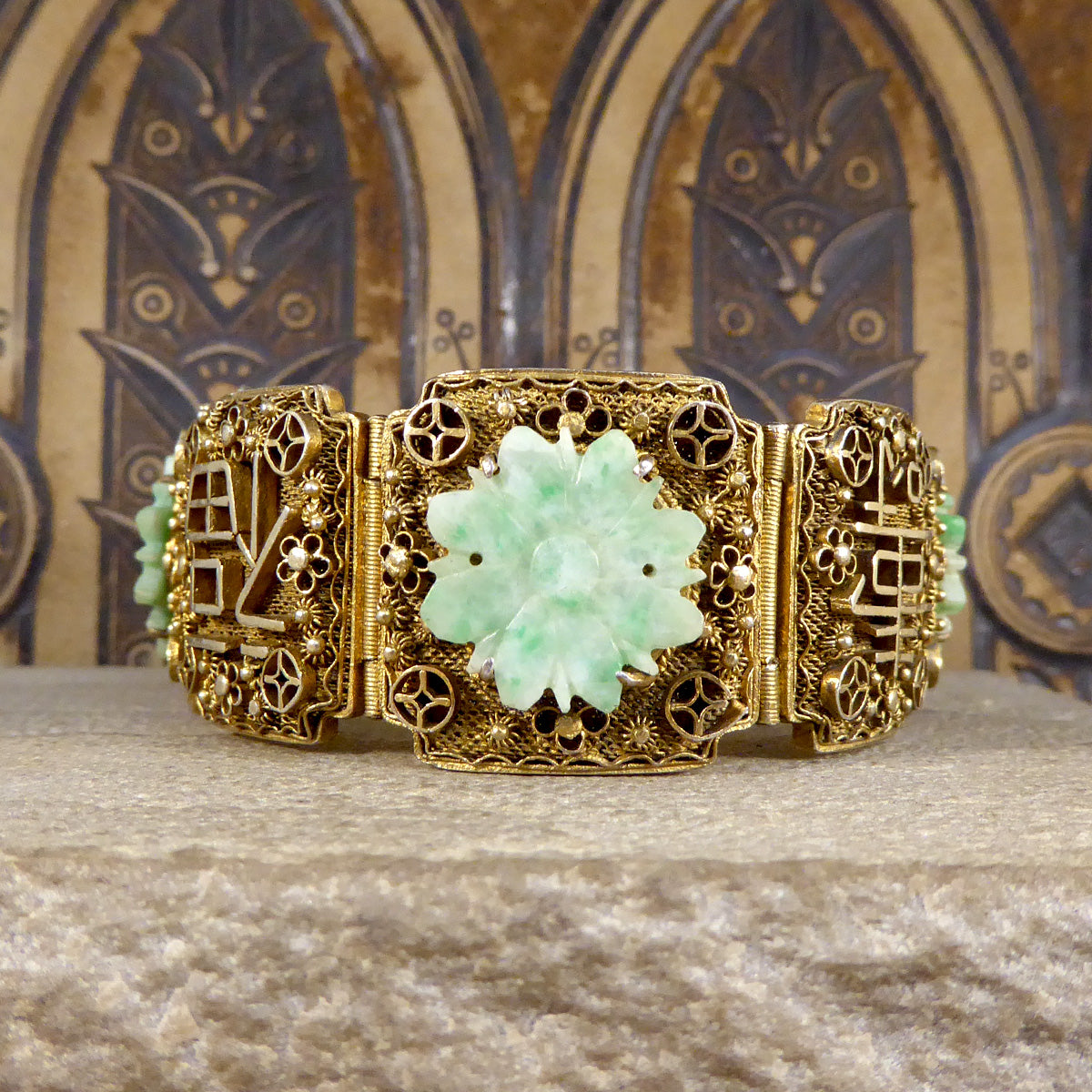 Vintage Jade Carved Flowered Wide Panel Bracelet with Chinese Proverbs in Gold Plated Chinese Silver - Wharfedale Antiques