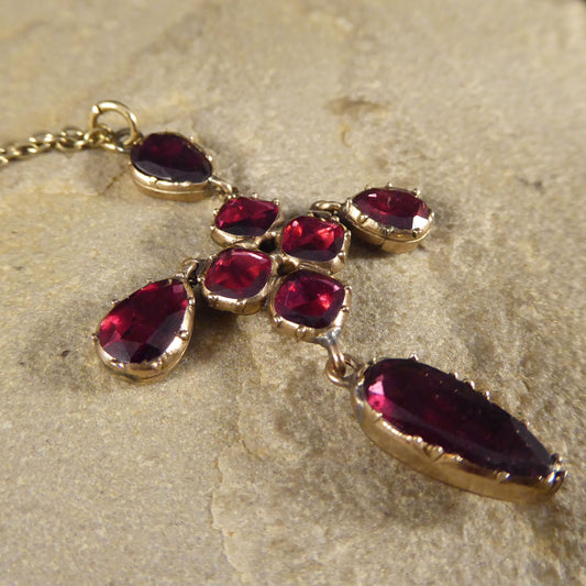Antique Georgian Foiled Back Garnet Cross Drop Pendant Necklace in Yellow Gold - Wharfedale Antiques