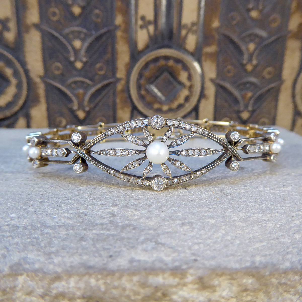 Late Victorian Diamond and Pearl Panel Bracelet in 15ct Yellow Gold and Silver - Wharfedale Antiques