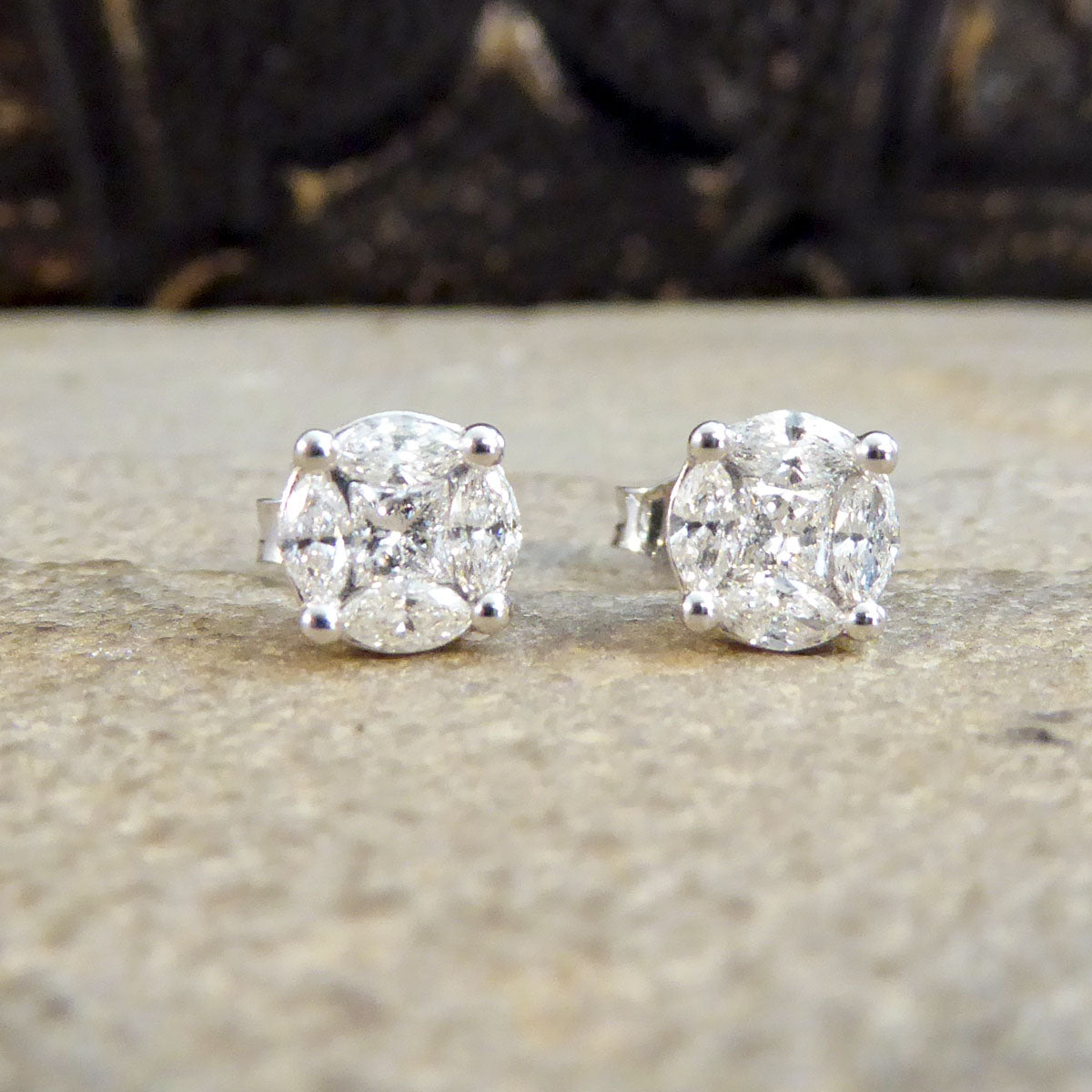 Contemporary 0.50ct Diamond Cluster and 1.50ct Look Earrings in White Gold - Wharfedale Antiques