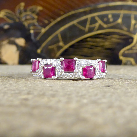 Alternate Ruby and Diamond Band Ring in 18ct White Gold - Wharfedale Antiques