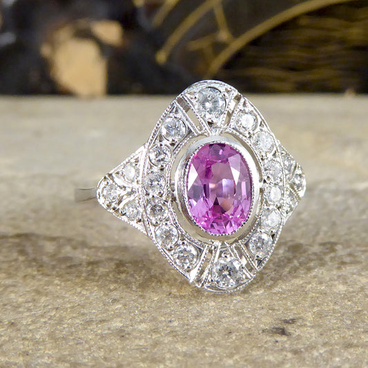 Art Deco Style Pink Sapphire and Diamond Navette Shaped Plaque Ring in Platinum - Wharfedale Antiques