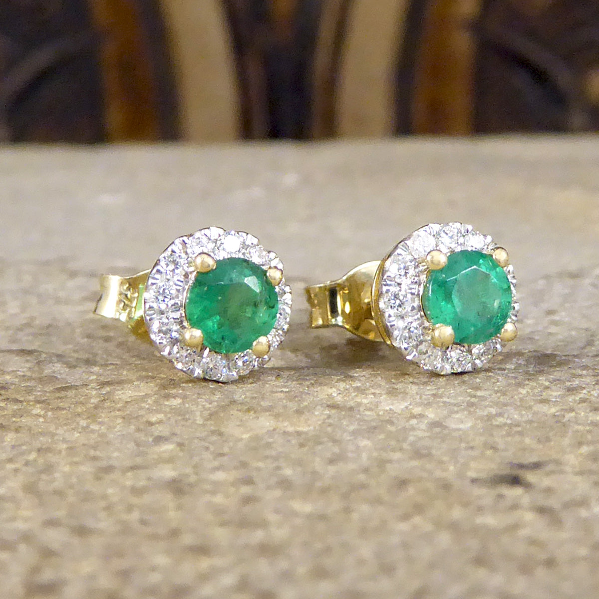 Emerald and Diamond Target Cluster Stud Earrings in 9ct White and Yellow Gold - Wharfedale Antiques