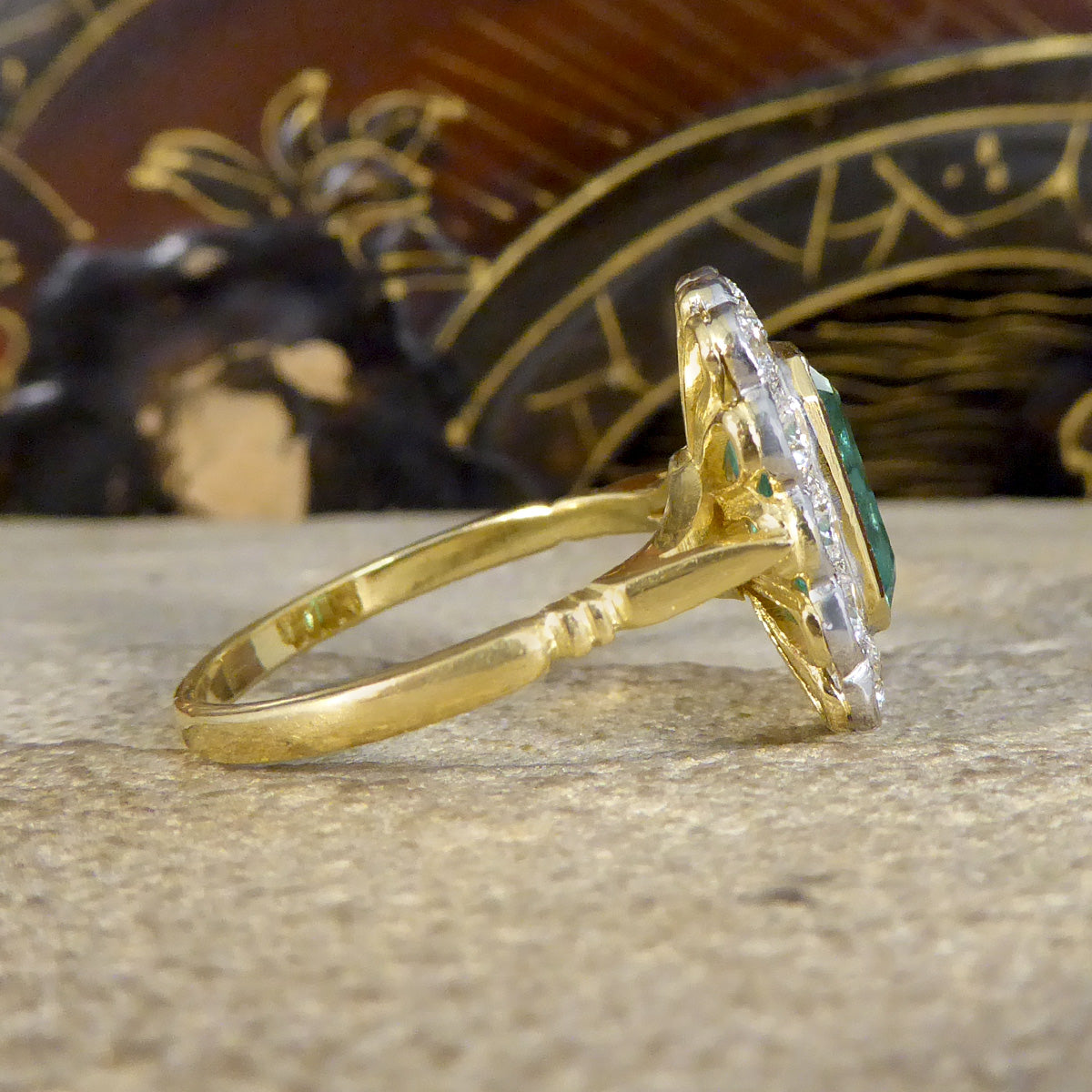 Contemporary Edwardian Style 2.50ct Emerald and 1.20ct Diamond Cluster Ring in 18ct Gold - Wharfedale Antiques