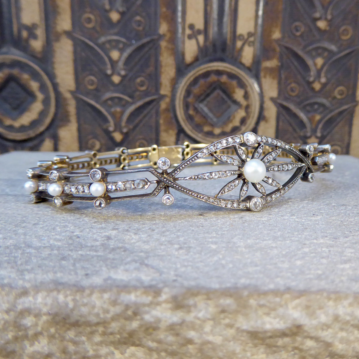 Late Victorian Diamond and Pearl Panel Bracelet in 15ct Yellow Gold and Silver - Wharfedale Antiques