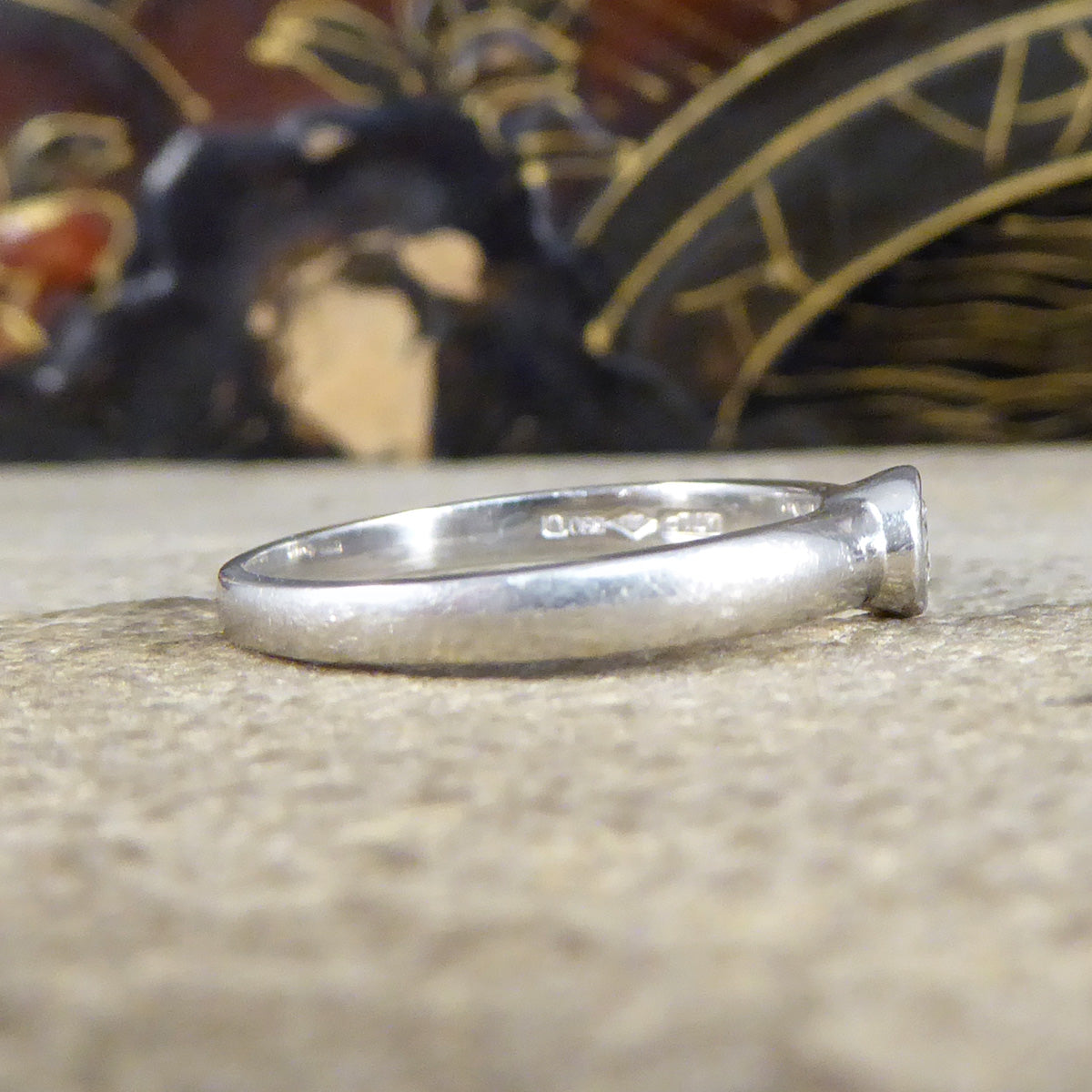 Vintage Rub Over Collar Set Diamond Solitaire Ring in Platinum - Wharfedale Antiques