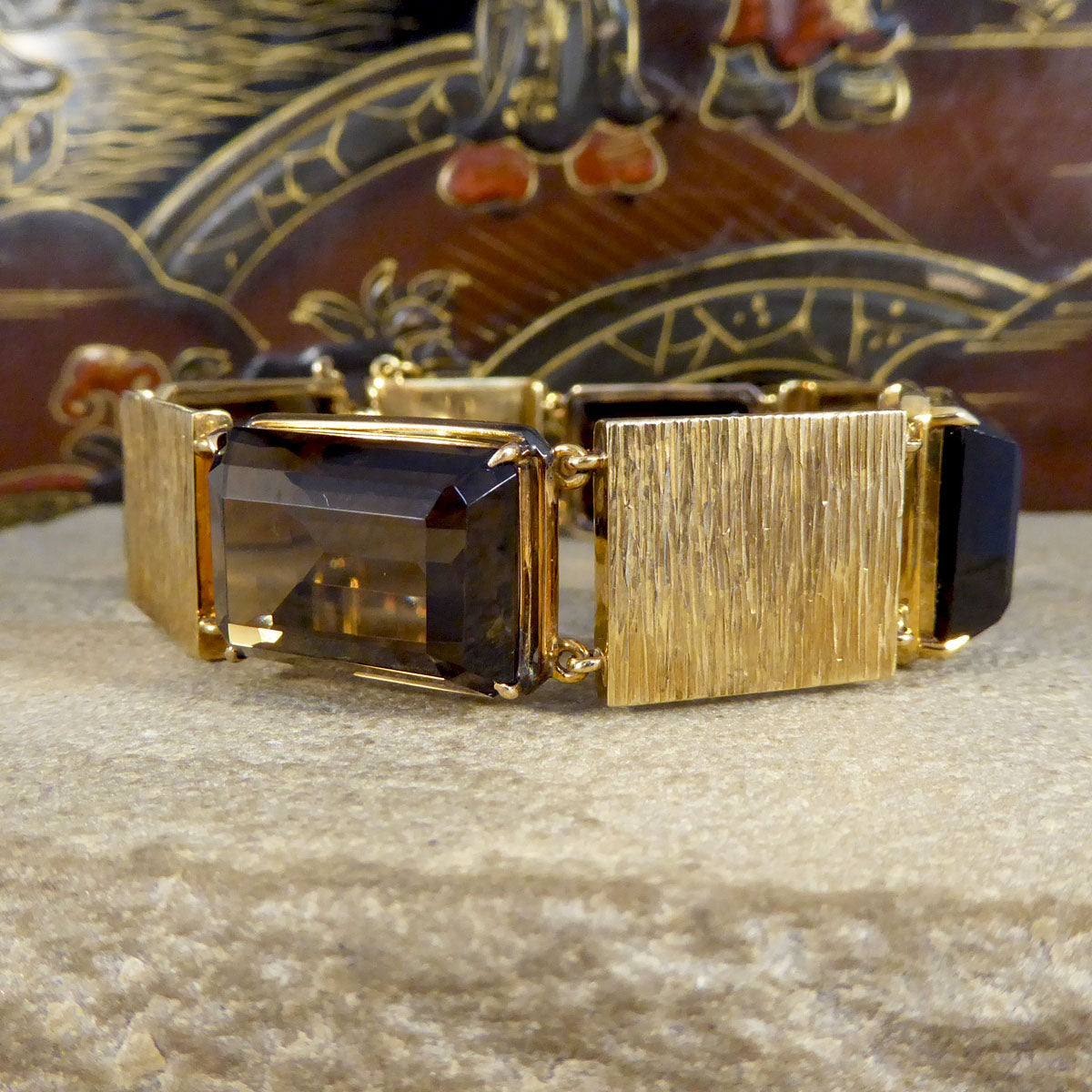 1970's Smokey Quartz Panel Bracelet in 9ct Yellow Gold with Bark Detail - Wharfedale Antiques