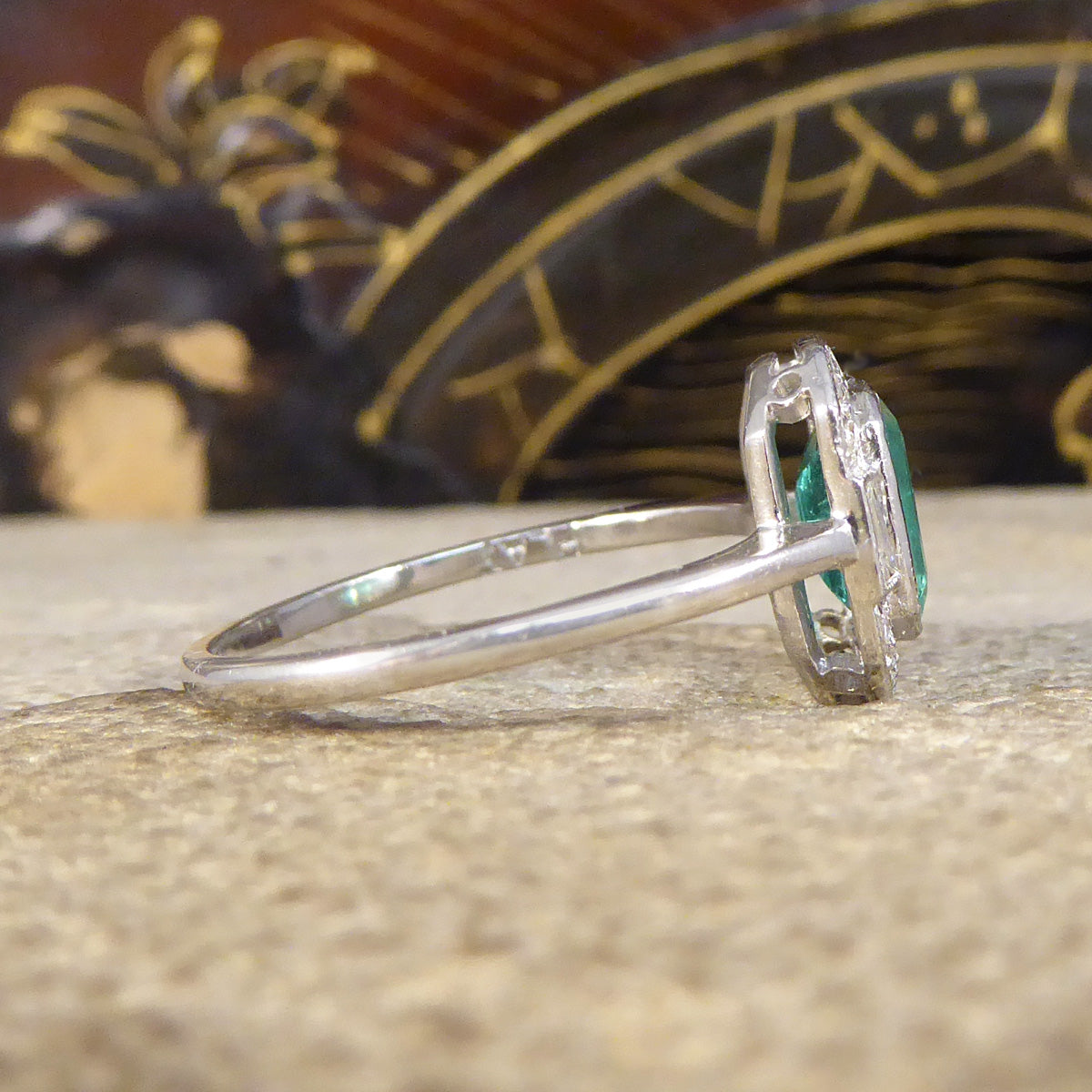 Art Deco Inspired 0.90ct Emerald and Diamond Cluster Ring in Platinum - Wharfedale Antiques