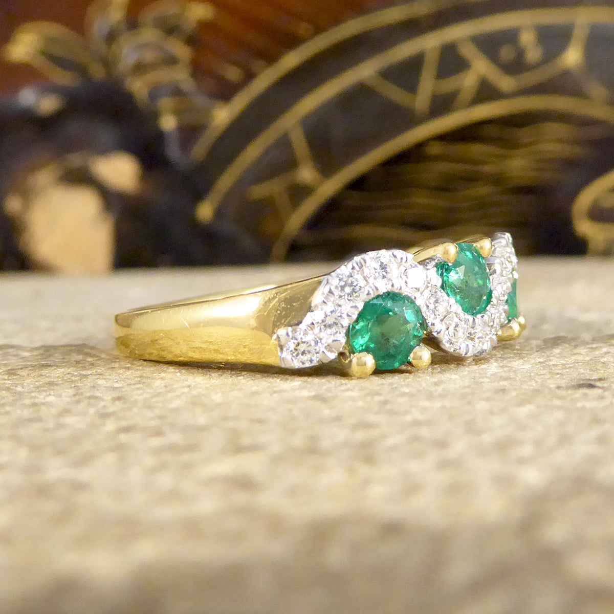 Emerald and Diamond Lazy River Band Ring in 18ct Yellow Gold - Wharfedale Antiques