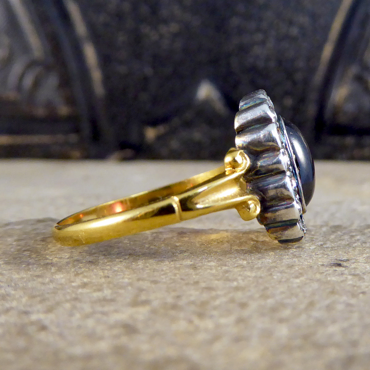 Antique Style Cabochon Garnet and Diamond Cluster Ring in 18ct Yellow Gold - Wharfedale Antiques