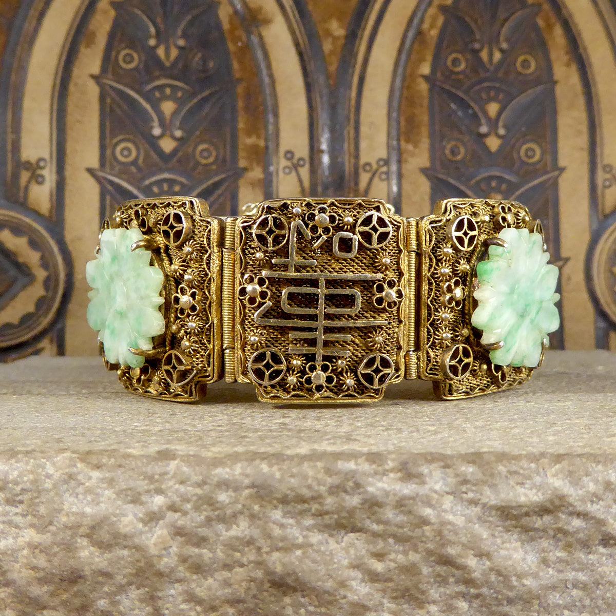 Vintage Jade Carved Flowered Wide Panel Bracelet with Chinese Proverbs in Gold Plated Chinese Silver - Wharfedale Antiques