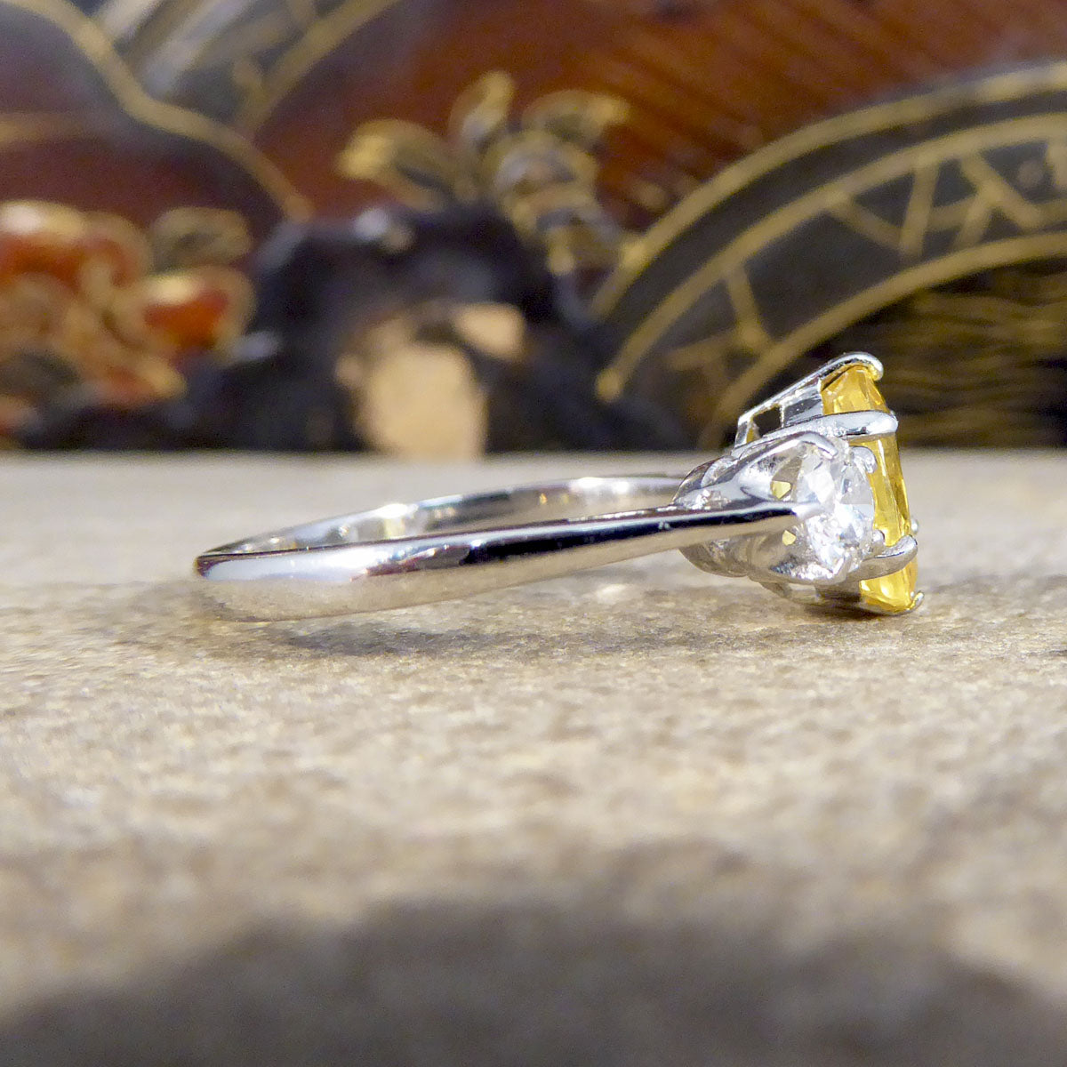 Contemporary 1.84ct Yellow Sapphire and Diamond Three Stone Ring in Platinum - Wharfedale Antiques