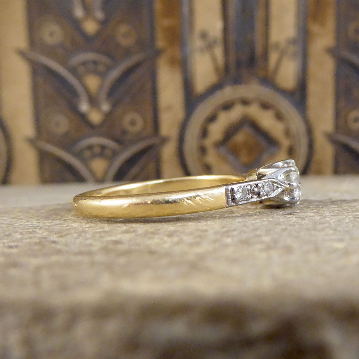 1920's Diamond Solitaire Ring with Diamond set Shoulders in 18ct Yellow Gold and Platinum - Wharfedale Antiques
