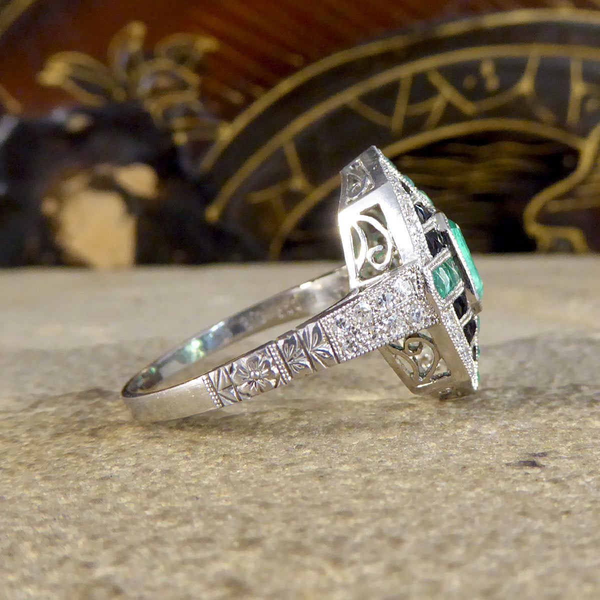 Art Deco Style Vintage Emerald Onyx and Diamond Geometric Cluster Ring in Platinum - Wharfedale Antiques
