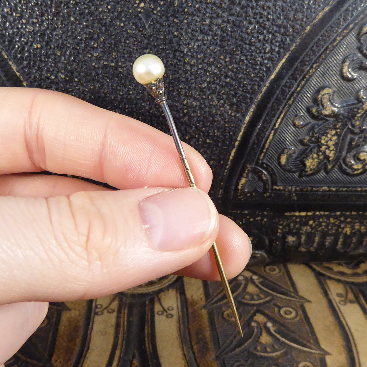 Late Victorian Natural Pearl and Rose cut Diamond Pin in Original Antique Box