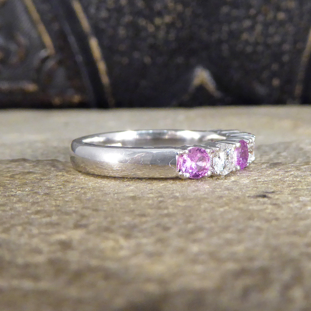 Pink Sapphire and Diamond Half Eternity Ring in 18ct White Gold - Wharfedale Antiques