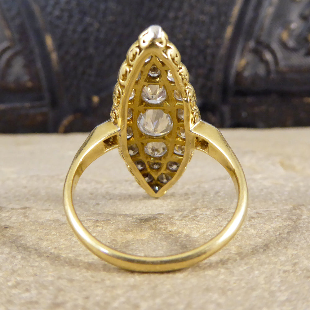Edwardian 2.3ct Diamond Marquise Shaped Ring in 18ct Yellow Gold and Platinum - Wharfedale Antiques