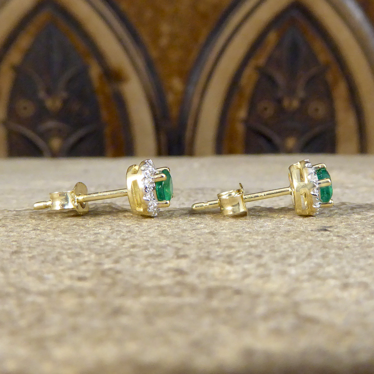 Emerald and Diamond Target Cluster Stud Earrings in 9ct White and Yellow Gold - Wharfedale Antiques