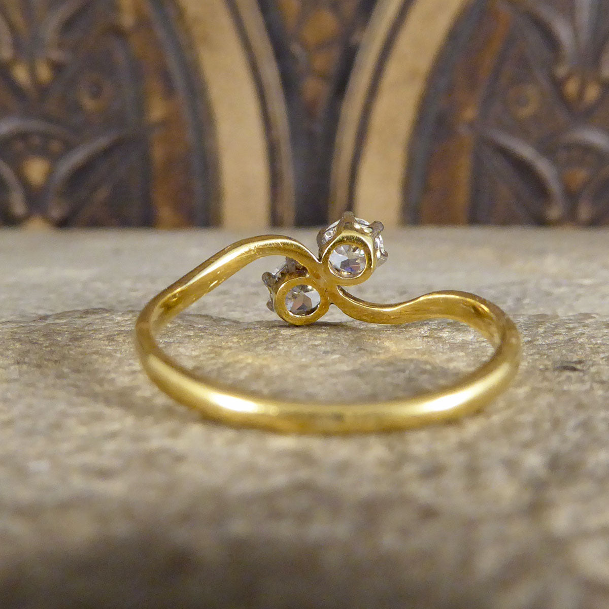 Antique Edwardian Two Stone 0.40ct Diamond Twist Ring in 18ct Yellow Gold - Wharfedale Antiques