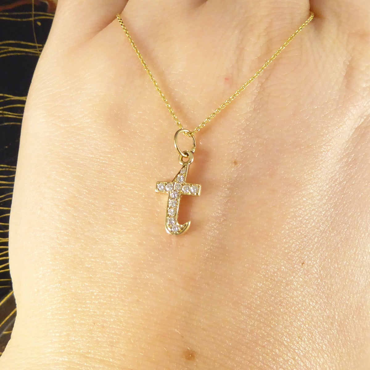 Diamond Set T Initial Pendant in 18ct Yellow Gold on a Yellow Gold Necklace Chain - Wharfedale Antiques
